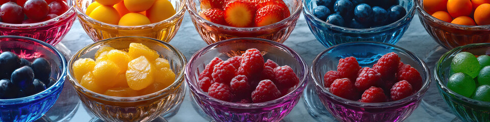 an array of multicolored glass bowls, filled with bright fruits and sweets, resting on an aged marbl