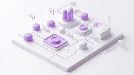 Poster - Abstract 3D design with geometric shapes and lines in purple and white colors.