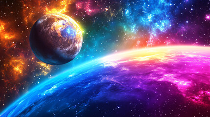Poster - Vibrant exoplanet orbiting around its colorful alien planet, with nebulae and a starry night sky in the background
