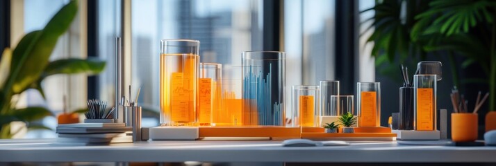 Poster - A modern workspace with colorful glass containers and plants, suggesting creativity and innovation.