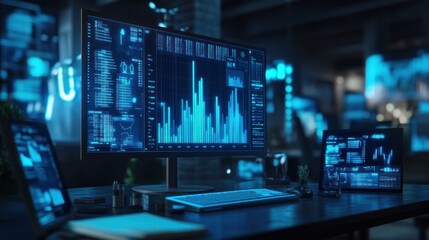 Aufkleber - A modern workspace featuring multiple screens displaying data analytics and graphs.
