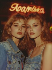 Two young women stand side by side in front of a neon sign.