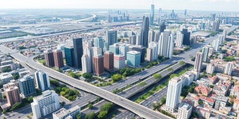 Wall Mural - Modern city center with tall skyscrapers, bustling roads, and lush green trees, commercial, design