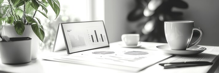 Poster - A cup of coffee on a desk with a notebook and a plant.