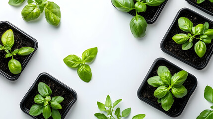 Wall Mural - flat lay of basil plants in small black pots on white background.