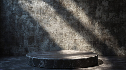 Aufkleber - Empty round podium illuminating by sunlight in a concrete room creates a dramatic backdrop for product presentations