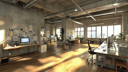 Aufkleber - Modern office space with wooden floors and large windows, showcasing a collaborative work environment.