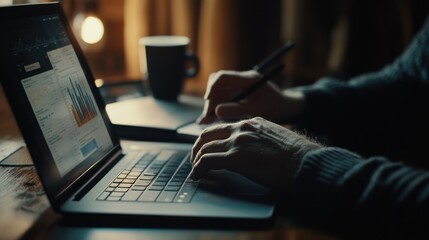 Poster - Person working on laptop at night with charts, coffee, and notepad.