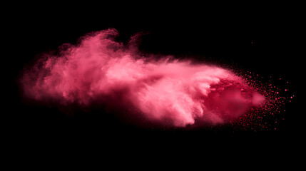 scarlet red powder explosion on black, creating a vibrant dust cloud with depth. crimson cloud swirl
