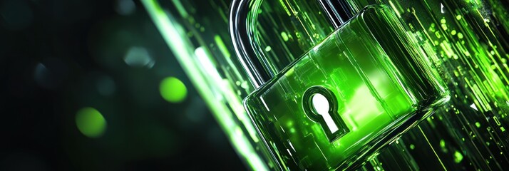 Poster - Green glass padlock with digital lines.