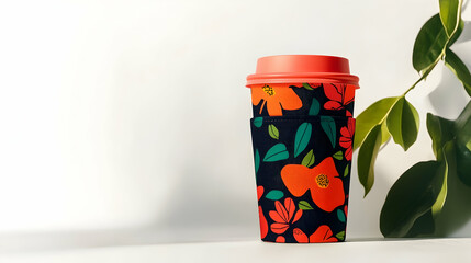 Wall Mural - floral-patterned coffee cup with lid and sleeve, against white background, next to green plant.