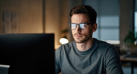 Caucasian man wearing glasses, working on computer in dimly lit room