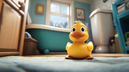 Cute yellow rubber duck in bathroom setting