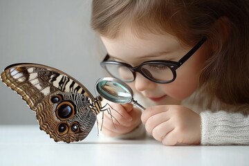 Poster - A child examines a large butterfly with a magnifying glass, fostering curiosity and exploration.