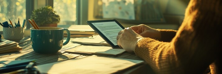 Aufkleber - A person using a tablet at a desk with a cup and stationery, enjoying a cozy workspace.