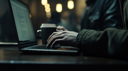 Aufkleber - A person typing on a laptop in a cozy café with a coffee cup nearby.