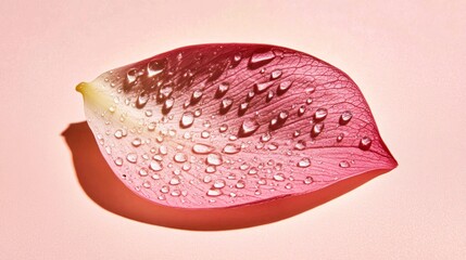 Fototapete - A close-up of a pink flower petal with water droplets on a soft pink background.
