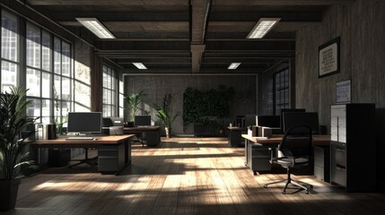 Aufkleber - Modern office interior with desks, computers, and plants in a well-lit space.