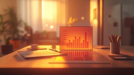 Poster - A workspace with a glowing chart, reflecting productivity and analysis in a warm setting.