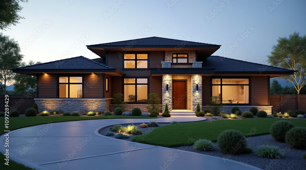 garden Contemporary modern home front yard showcasing grass lawn and ...
