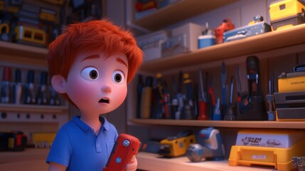 Poster - A young boy with red hair looks surprised while holding a tool in a workshop filled with equipment.