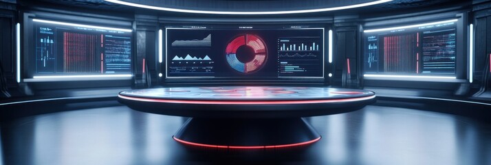Poster - Futuristic control room with data displays and a central round table for analysis.