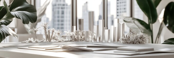 Poster - A modern workspace featuring architectural models and greenery, showcasing design and creativity.