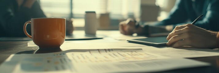 Aufkleber - A collaborative workspace with coffee, papers, and digital devices.