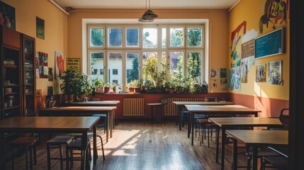Aufkleber - A bright, inviting classroom filled with plants and natural light.