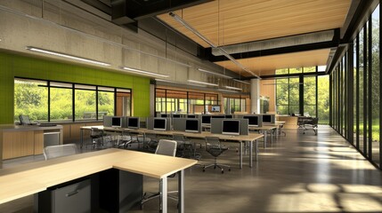 Aufkleber - Modern office space featuring large windows, desks, and computers with a view of nature.