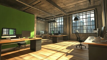 Aufkleber - Modern office space with large windows and wooden desks, designed for productivity.
