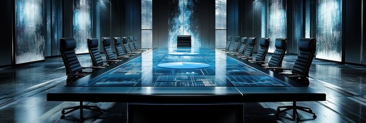 Poster - A futuristic conference room with a high-tech table and digital displays.