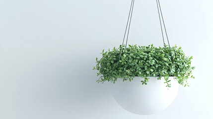 Wall Mural - Hanging white planter with lush green plant against a minimalist white wall.