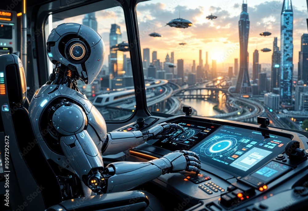 Advanced Robotic Bus Pilot in a Futuristic Smart Cityscape – Showcasing ...