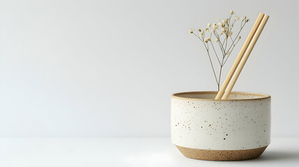 Wall Mural - Minimalist ceramic bowl with chopsticks and dried flowers on white background.