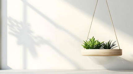 Wall Mural - minimalist interior design with hanging planter and sunlight casting shadows on a white wall.