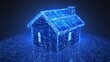© Leo Rohmann - Digital wireframe of a glowing blue house surrounded by a grid like foundation, symbolizing futuristic smart home design, renewable energy integration, and advanced architectural planning