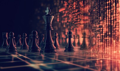 Chess game with digital background, black king and pawns, binary code, futuristic design