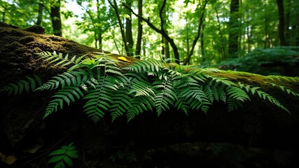 Wall Mural - fern leaves scattered across a moss-covered tree trunk in a shaded woodland environment with dappled