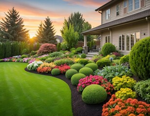 This stunning garden showcases a vibrant array of colorful flowers and lush bushes, creating a picturesque landscape that captivates the senses. The harmonious blend of hues and textures invites visit