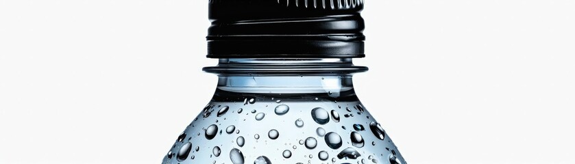 A close-up of a water bottle showing droplets of water on its surface, highlighting freshness and hydration.