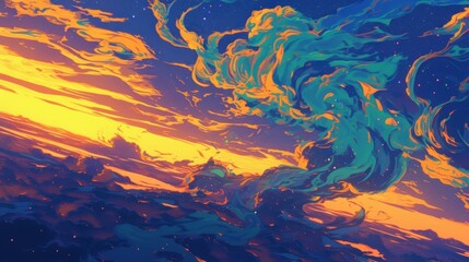 Wall Mural - a psychedelic sunset emerges with a blend of electric greens and yellows splashing over the darkenin
