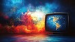 © Tati - Vintage television in front of vibrant artistic background depicting Earth and cosmos