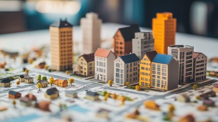 Colorful architectural model of modern city with various building types on detailed layout