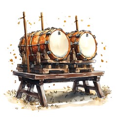 Watercolor painting of two large Japanese Taiko drums on a wooden stand outdoors.