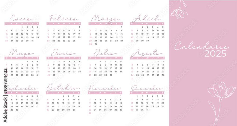Calendario 2025,Calendario femenino, rosa, minimalista, meses en ...