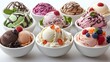 © Spectrum - There is a variety of ice cream flavors in the bowls, featuring different ingredients and produce. This dessert is a favorite food item in many cuisines