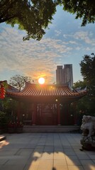 Wall Mural - Sunrise over National Day and Mid-Autumn Festival celebration with simplicity, blue sky, and an orange halo for smartphone wallpaper