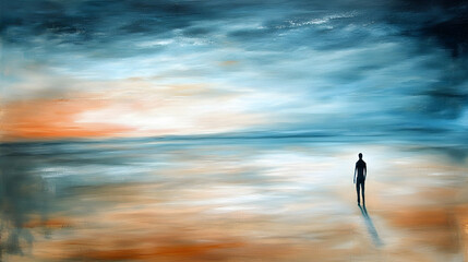 Wall Mural - Solitary figure on a beach at sunset, painted in abstract style with muted blues, oranges, and dark silhouettes.