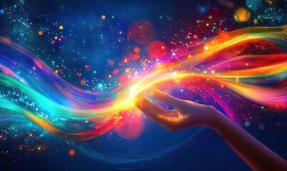 Wall Mural - a vibrant hand reaching out to colorful, swirling energy in a cosmic background.